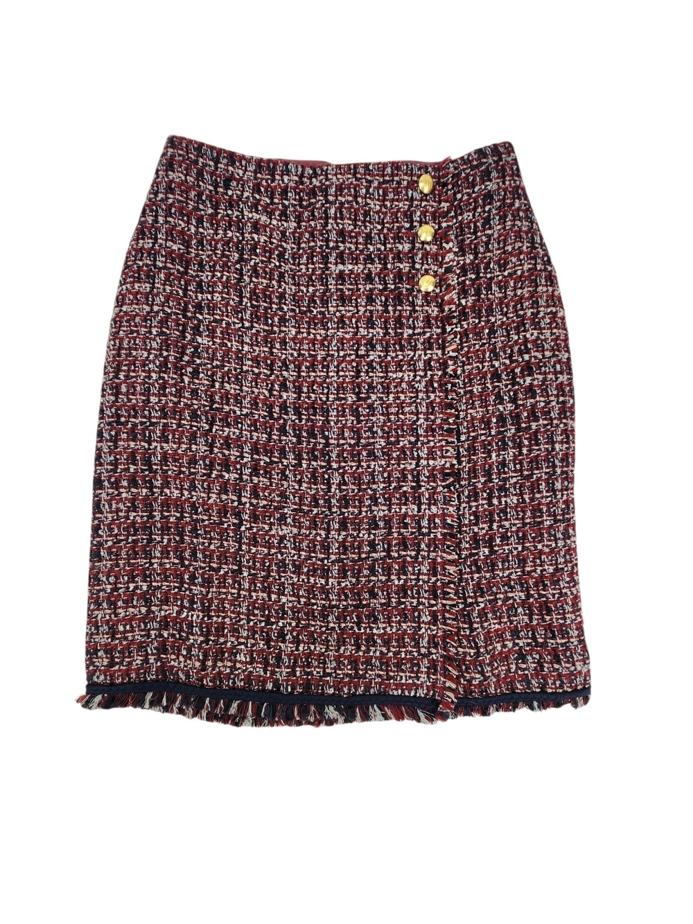 Talbots Women’s Size 4 Tweed Skirt Red Navy Ivory Fringe Gold Button Preppy Fall